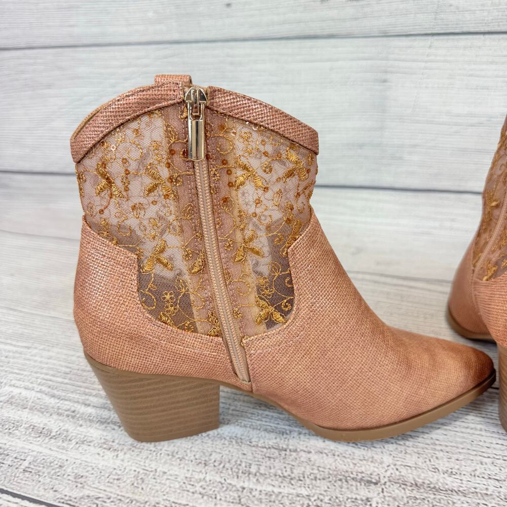 Cato Women's Rose Gold Metallic Embroidered Heeled Boots Size 9.5 WIDE - Picture 5 of 9